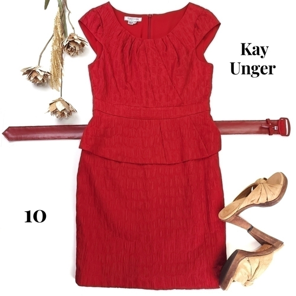 Kay Unger Red Belted Dress Sz 10 - Picture 1 of 12